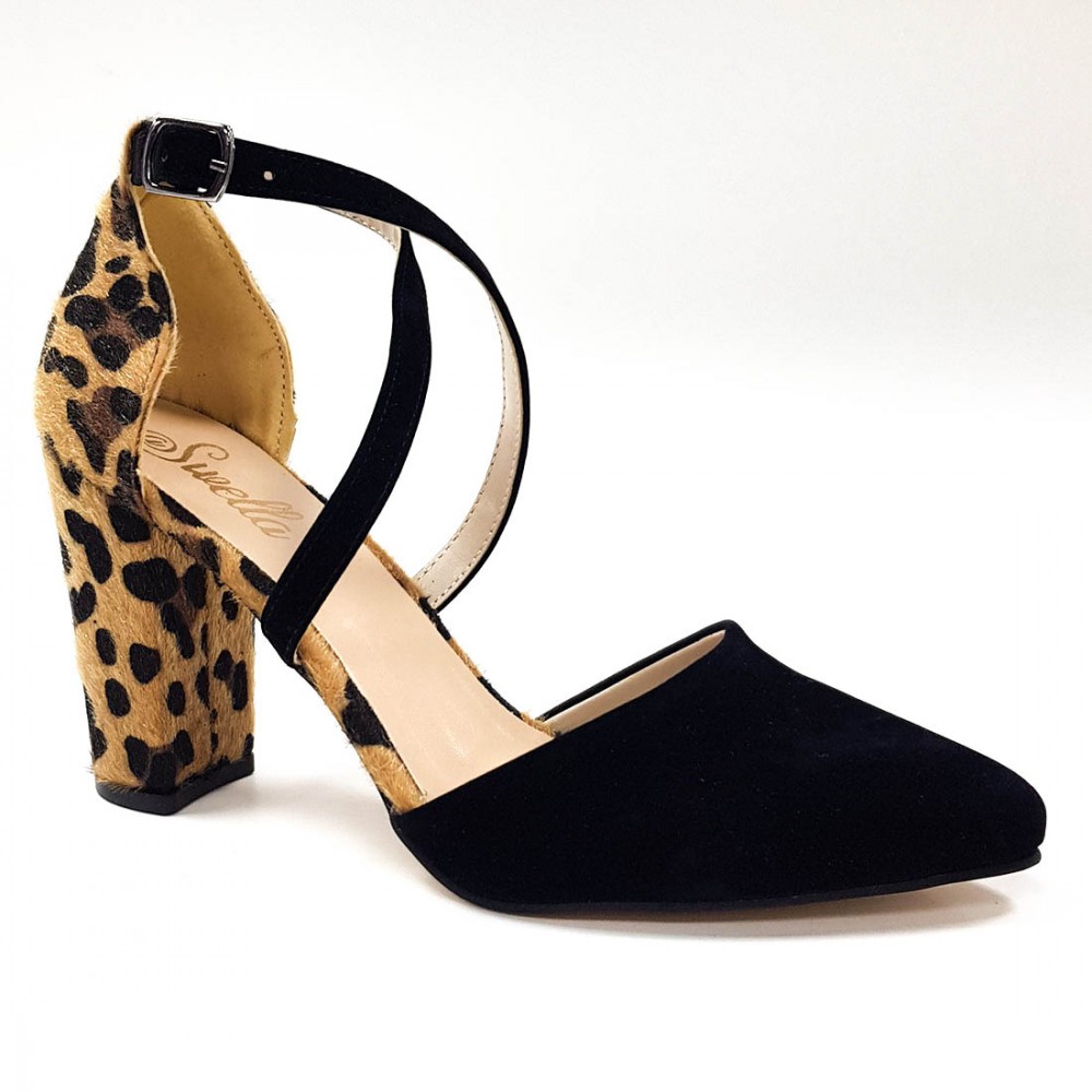 Gless Hasır Desenli Siyah Çapraz Bantlı Kadın Topuklu Ayakkabı 