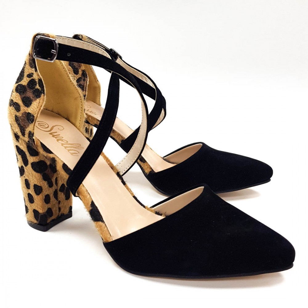 Gless Hasır Desenli Siyah Çapraz Bantlı Kadın Topuklu Ayakkabı 